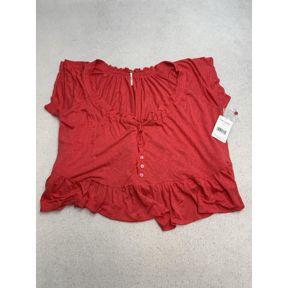 Free People Charlie Tee Linen Blend Women's Medium Red Orange Boho Relaxed Fit